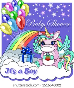 unicorn on purple background with a stars, siting on the white cloud beside rainbow, colorful balloons, present box, drinking rainbow milk  