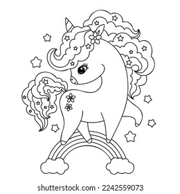 Unicorn on the rainbow. Black and white linear illustration. For dnt design of coloring books, prints, posters, stickers, cards, puzzles and so on. Vector