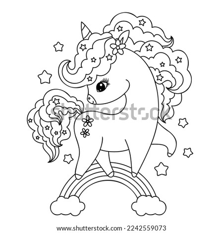 Unicorn on the rainbow. Black and white linear illustration. For dnt design of coloring books, prints, posters, stickers, cards, puzzles and so on. Vector