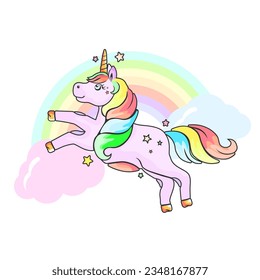 Unicorn on a rainbow in the clouds and stars. Vector illustration. Cute character for children's design, postcards