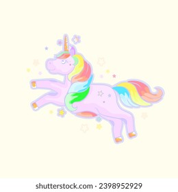 Unicorn on a rainbow in the clouds and stars. Vector illustration. Cute character for children's design, postcards