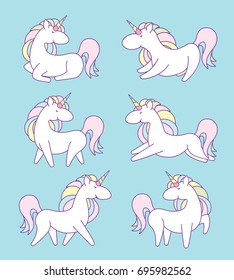 Unicorn on rainbow. Cute magic background with unicorn, rainbow and stars. Cartoon flat style vector illustration