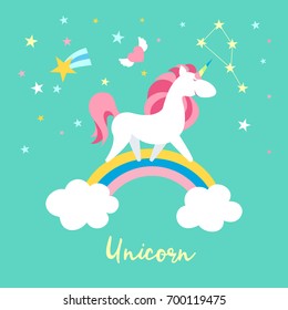 Unicorn on rainbow. Cute magic background with unicorn, rainbow and stars. Cartoon flat style vector illustration