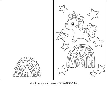Unicorn on rainbow folded double side greeting card. Vector coloring page for kids. Cute unicorn character illustration. Folding card with doodle elements. Kids coloring card with text place template