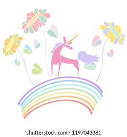 Unicorn on rainbow surrounded by colorful flowers vector illustration