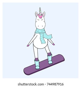 Unicorn on snowboard