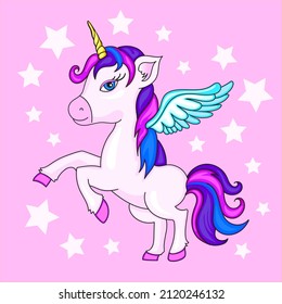 Unicorn on starry background.Cute little pink magical unicorn. Vector design on pink background. Print for t-shirt. Romantic hand drawing illustration for children.Cute little unicorn
