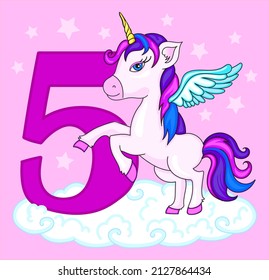 Unicornio con fondo estelar. Unicornio mágico. Diseño de vectores en fondo rosado. Imprimir para camiseta. Dibujo manual romántico para niños.Pequeño unicornio lindo con número cinco para cumpleaños