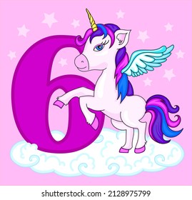 Unicorn on starry background.Magical unicorn. Vector design on pink background. Print for t-shirt. Romantic hand drawing illustration for children.Cute little unicorn with number six for birthday