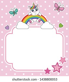 Unicorn on top of a rainbow. Frame with space for text or photo