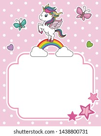Unicornio sobre un arcoiris. Marco con espacio para texto o foto