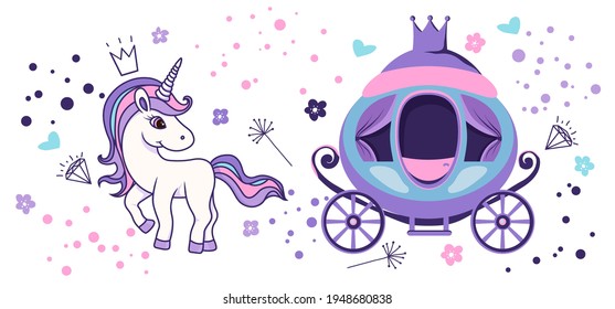 A unicorn on a white background with a carriage, crown, diamond and flowers