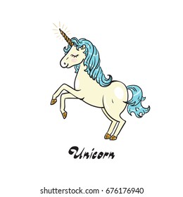 Unicorn on a white background. The inscription "Edinorog". Vector illustration.