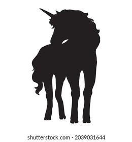 The unicorn on white background. Silhouette of head unicorn. Beautiful magical animal. It can be used for printing on t-shirts or ideas for tattoos.