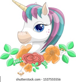 Unicorn on a white background.Cute White Unicorn with rainbow hair vector illustration for children design. Sweet fantasy character for t-shirts and cards