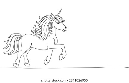 Unicorn one line continuous. Line art concept fantasy unicorn banner. Outline vector illustration.