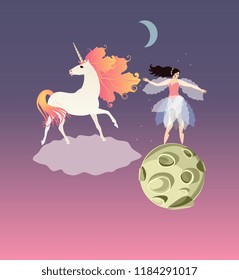 Unicorn with orange mane in shape of autumn leaves on the cloud and fairy ballerina on the green planet  on backgraund of sunset sky. Beautiful vector greeting or invitation card. Fairy tale.