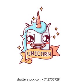 Unicorn with orange ribbon on a white background. It can be used for sticker, badge, card, patch, phone case, poster, t-shirt, mug etc.