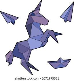 Unicorn in origami low-polygonal style Isolated