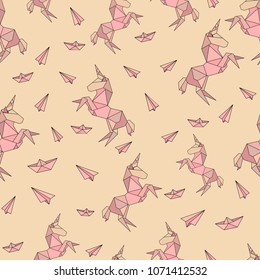 
Unicorn in origami low-polygonal style seamless pattern for textile 