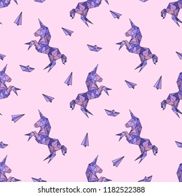 Unicorn in origami low-polygonal style. Seamless pattern