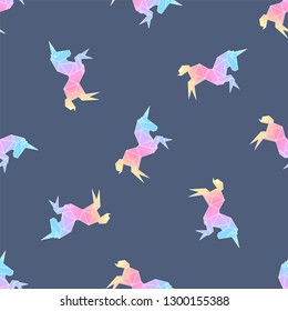Unicorn in origami low-polygonal style. Seamless pattern