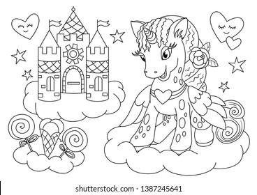 Unicorn outline. Coloring book page unicorn. Children background. Animals coloring page. Animals vector. Magic pony cartoon