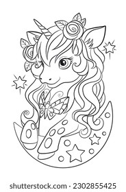 Unicorn outline. Pony coloring page. Unicorns vector. Coloring book page unicorn. Children background. Animals coloring page. Animals vector. Magic unicorn cartoon. Sketch animals