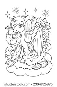 Unicorn outline. Pony coloring page. Unicorn fairy tale. Animals cartoon. Horse vector