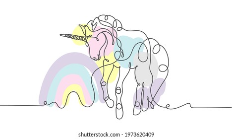 Unicorn outline with rainbow in minimalist style. Continuous solid line drawing. Vector illustration.