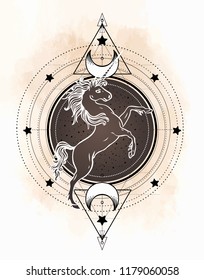 Unicorn over sacred geometry design elements. Alchemy, philosophy, spirituality symbols. Black, white vector illustration in vintage style isolated on white.