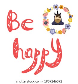 unicorn in pajamas, lettering be happy, pajama party with unicorns, unicorn in a round wreath of flowers
