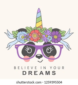 Unicorn panda face with floral wreath, glasses. Cute cartoon vector illustration