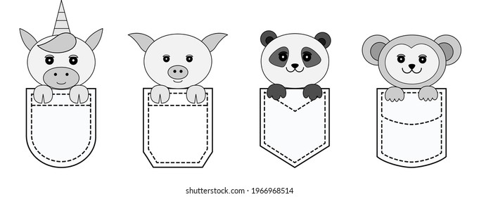 Unicorn, Panda, Monkey, piggy head face pocket set. Plump cheeks. Cute cartoon character. Design of T-shirts, postcards. A collection of pet backgrounds. Vector illustration