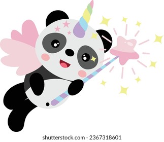 Unicorn panda with wings holding a star magic wand