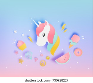Unicorn in paper art style with various cute icons and pastle scheme vector illustration set