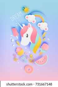 Unicorn in paper art style with various cute icons and pastel scheme vector illustration set