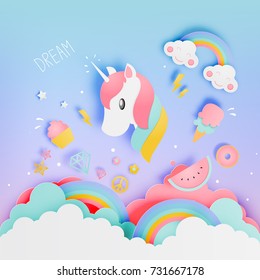 Unicorn in paper art style with various cute icons and pastel scheme vector illustration set