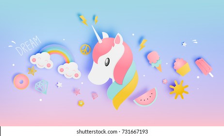 Unicorn in paper art style with various cute icons and pastel scheme vector illustration set