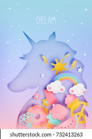 Unicorn in paper art style with various cute icons and pastel scheme vector illustration set