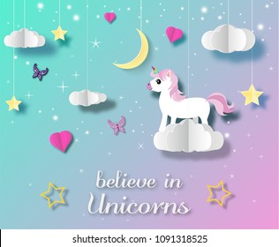 Unicorn in paper art style vector illustration set a lovely greeting card with a hand drawn unicorn among stars and fluffy clouds.Unicorn color vector on background.