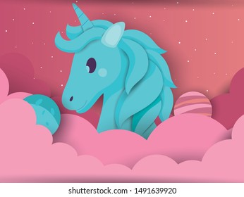 Unicorn in paper art style vector illustration a lovely dream greeting card with a hand drawn unicorn among stars and fluffy clouds.