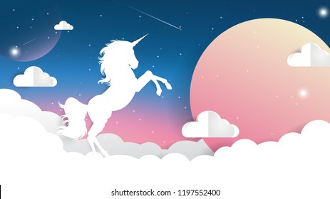 Unicorn Paper cut on Night sky with moon light, Unicorn Gradient background colorful. Sky unicorn, Galaxy Cute Color star. Vector gradient Illustrator EPS10.