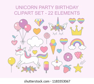 Unicorn Party Birthday clipart set, typographic vector design for greeting, birthday, invitation card. Unicorn, rainbow, sweets, crown and other with pink background for your little princess.