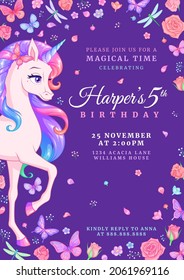 Unicorn party birthday invitation template with butterflies and flowers. Vector illustration on dark purple background. Release clipping mask for full size objects.