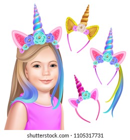 Unicorn party. Face girl and headband hoops. Isolated realistic vector illustration.
