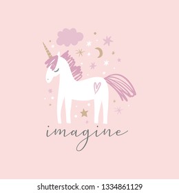 Unicorn party girl vector, imagine text, cute nursery wall art, animal print, pastel baby room decor picture, clip art, Illustrator EPS and JPG