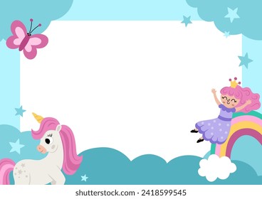 Unicorn party greeting card template with cute rainbow, falling star, fairy princess, night landscape. Fairytale poster or invitation for kids. Bright magic or fantasy holiday vertical illustration
