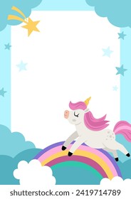 Unicorn party greeting card template with cute rainbow, falling star, night landscape. Fairytale poster or invitation for kids. Bright magic or fantasy holiday vertical illustration

