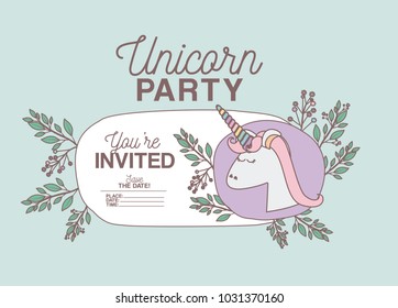 unicorn party invitation card with floral decoration